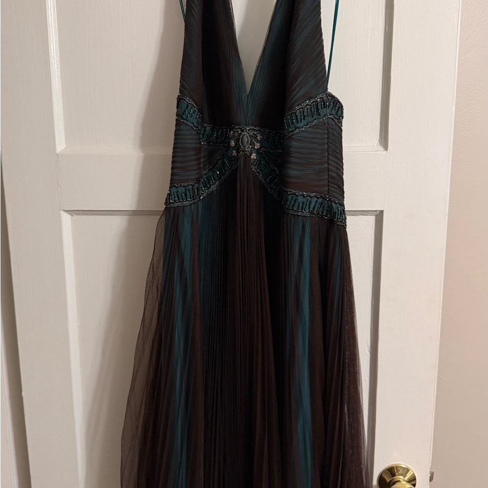 Badgley Mischka Teal and Brown Backless Beaded Evening Gown